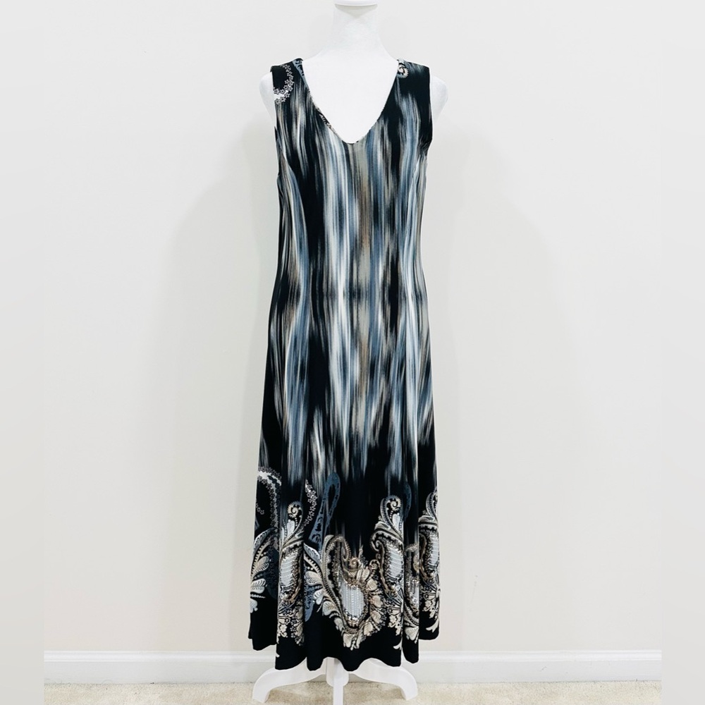 Julian Taylor Midi Dress A-Line Geometric Sleeveless Summer Black Stretch Sz 12